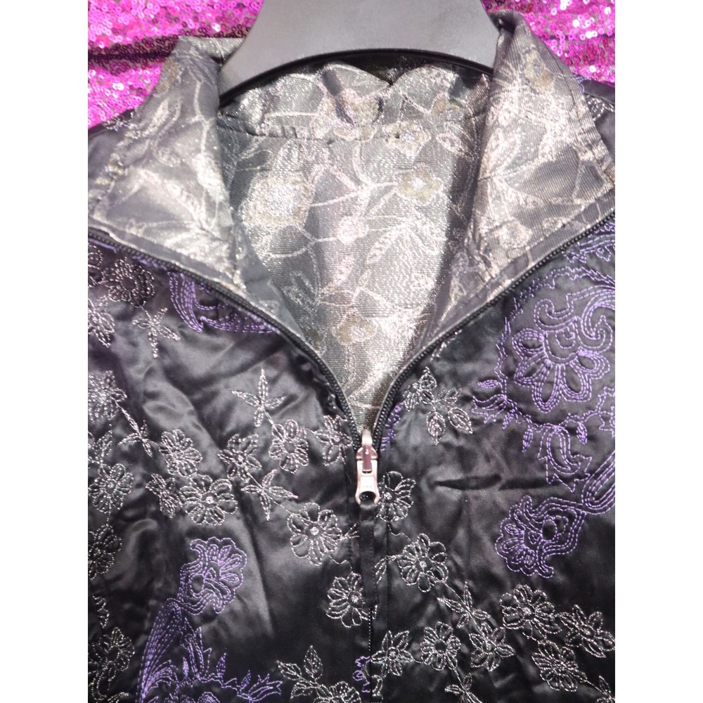 Black Brocade Reversible Vest Large Womens Embroidered Paisley Silver Floral